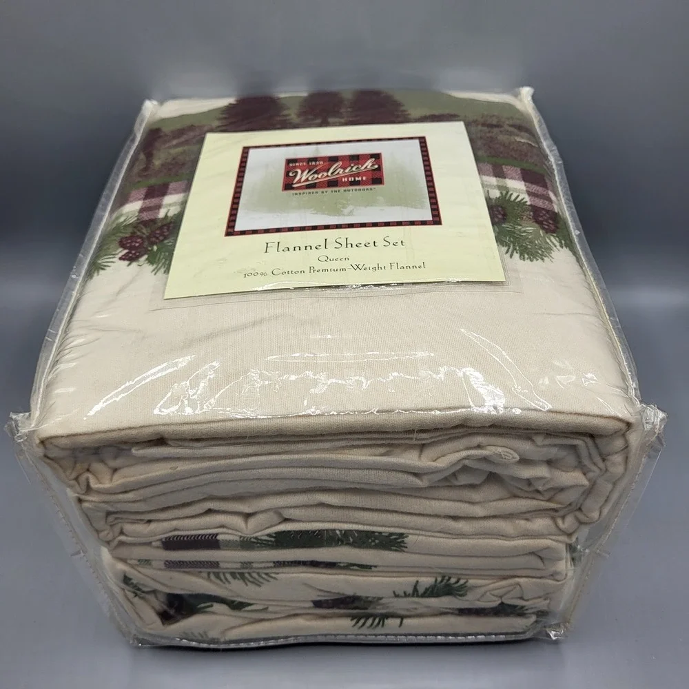 Woolrich Flannel Sheet Set Queen 4pc Moose Mountain Cabin Scenic Cream Green Red